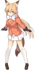 Rule 34 | 1girl, animal ear fluff, animal ears, black footwear, black gloves, blazer, blush, bow, breasts, brown eyes, brown necktie, brown pantyhose, collared shirt, commentary request, ezo red fox (kemono friends), fox ears, fox girl, fox tail, full body, fur-trimmed sleeves, fur trim, gloves, gradient legwear, hair between eyes, jacket, kemono friends, light brown hair, loafers, long hair, long sleeves, looking at viewer, medium breasts, multicolored clothes, multicolored legwear, necktie, orange jacket, pantyhose, pleated skirt, shirt, shiseki hirame, shoes, simple background, skirt, solo, standing, tail, very long hair, white background, white bow, white pantyhose, white shirt, white skirt