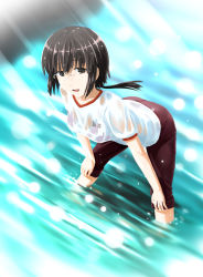 Rule 34 | 1girl, :d, arai tamako, barakamon, black hair, brown eyes, glasses, gym uniform, hands on own knees, highres, light rays, ogata, open mouth, pants, pants rolled up, ponytail, see-through, smile, solo, sunbeam, sunlight, track pants, water, wet, wet clothes