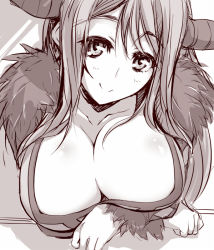Rule 34 | 10s, 1girl, blush, breast hold, breasts, cleavage, crossed arms, horns, large breasts, leaning forward, long hair, looking at viewer, maou (maoyuu), maoyuu maou yuusha, matsuno canel, monochrome, sketch, smile, solo