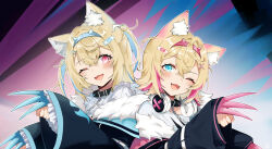 Rule 34 | 2girls, abstract background, animal ear fluff, animal ears, aqua eyes, bandaid, bandaid hair ornament, belt collar, blonde hair, blue hair, blush, collar, commentary, dog ears, english commentary, fang, fur-trimmed jacket, fur trim, fuwawa abyssgard, hair ornament, headphones, headphones around neck, highres, hololive, hololive english, jacket, long sleeves, looking at viewer, lucferz, medium hair, mococo abyssgard, multicolored hair, multiple girls, one eye closed, open mouth, paw pose, pink eyes, pink hair, skin fang, smile, streaked hair, two side up, upper body, variant set, virtual youtuber, wide sleeves, x hair ornament