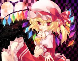 Rule 34 | 1girl, bad id, bad pixiv id, colorized, fangs, felicia-val, female focus, flandre scarlet, from side, gotou nao, hair between eyes, hat, lips, mob cap, one side up, red eyes, slit pupils, solo, touhou, window, wings