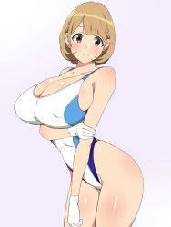 Rule 34 | 10s, 1girl, blonde hair, breasts, brown eyes, brown hair, cleavage, competition swimsuit, curvy, covered erect nipples, female focus, gloves, hair ornament, hairclip, half gloves, highleg, highleg swimsuit, highres, kagemusha, large breasts, looking at viewer, narusawa ryouka, occultic;nine, one-piece swimsuit, profile, short hair, simple background, smile, solo, standing, swimsuit, white gloves