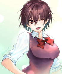 Rule 34 | 1girl, bow, bowtie, breasts, brown eyes, brown hair, large breasts, looking at viewer, messy hair, one eye closed, open mouth, red bow, red bowtie, sagara riri, school uniform, shirt, short hair, simple background, sleeves rolled up, solo, sounan desuka?, suzumori asuka, sweater vest, tomboy, twitter username, upper body, white shirt