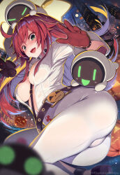 Rule 34 | 1girl, :d, ahoge, belt, black belt, bodysuit, breasts, broken halo, building, center opening, city, commentary, gloves, green eyes, guilty gear, guilty gear strive, halo, highres, jack-o&#039; valentine, knight servant, lancer servant, long hair, looking at viewer, magician servant, medium breasts, migumigu, open mouth, red gloves, red hair, smile, teeth, upper teeth only, white bodysuit