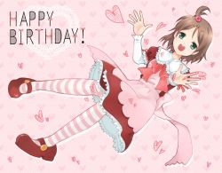 Rule 34 | 1girl, apron, blush, brown hair, corpse party, dress, green eyes, hair bobbles, hair ornament, hairpin, happy birthday, heart, highres, mary janes, open mouth, red dress, shoes, short hair, smile, solo, striped legwear, suzumoto mayu