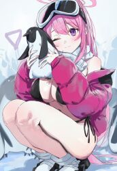 Rule 34 | 1girl, ;), absurdres, bikini, bird, black bikini, blue archive, blush, breasts, cleavage, down jacket, eimi (blue archive), eimi (swimsuit) (blue archive), goggles, goggles on head, halo, highres, jacket, jacket partially removed, large breasts, lifting animal, looking at viewer, official alternate costume, one eye closed, outdoors, penguin, pink hair, pink jacket, purple eyes, scarf, side-tie bikini bottom, ski goggles, smile, solo, squatting, swimsuit, syhan, white scarf