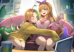 Rule 34 | 2girls, absurdres, ahoge, blue eyes, blush, breasts, brown hair, cleavage, commission, couch, green hair, grin, hairband, hakusyokuto, highres, indoors, large breasts, long sleeves, looking at viewer, multicolored hair, multiple girls, one eye closed, open mouth, original, parted lips, sitting, skeb commission, sleeves past wrists, smile, teeth