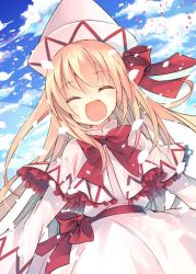 Rule 34 | 1girl, blonde hair, blush, bow, capelet, day, dress, closed eyes, hat, jpeg artifacts, lily white, long hair, md5 mismatch, open mouth, outdoors, petals, sky, smile, solo, suzushiro kurumi, touhou, very long hair, wings