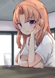 Rule 34 | 1girl, ahoge, alternate costume, alternate hairstyle, cup, drinking glass, hair down, hand on own face, ice, ice cube, kagerou (kancolle), kakizaki (chou neji), kantai collection, light brown hair, purple eyes, solo, table, upper body
