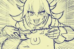 Rule 34 | 10s, 1girl, :d, animal ears, emphasis lines, eyebrows, eyelashes, fangs, fur collar, grey wolf (kemono friends), hair between eyes, kemono friends, kouson q, long hair, open mouth, penis, smile, solo, upper body, v-shaped eyebrows, wolf ears