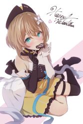 Rule 34 | 1girl, aogiri koukou, aqua eyes, asymmetrical footwear, asymmetrical gloves, black footwear, black gloves, black hat, blue ribbon, boots, breasts, brown hair, candy, chocolate, chocolate heart, covered collarbone, dress, elbow gloves, flower, food, food in mouth, frilled dress, frills, gloves, hair flower, hair ornament, happy valentine, hat, heart, high heel boots, high heels, highres, kkix25, kurikoma komaru, medium breasts, mismatched gloves, multicolored clothes, multicolored skirt, ribbon, short hair, single thigh boot, skirt, sleeveless, sleeveless dress, solo, thigh boots, virtual youtuber, white gloves