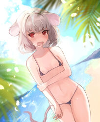 Rule 34 | 1girl, alternate costume, animal ears, beach, bikini, black bikini, blue sky, blush, breasts, chidori nekoro, cloud, commentary request, covered erect nipples, cowboy shot, day, dutch angle, fisheye, floppy ears, grey hair, hand on own arm, highres, horizon, looking at viewer, micro bikini, mouse ears, mouse girl, mouse tail, nazrin, open mouth, outdoors, palm tree, red eyes, short hair, sky, small breasts, solo, swimsuit, tail, touhou, tree, water