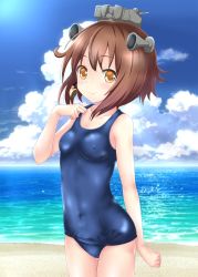 Rule 34 | 1girl, beach, blue one-piece swimsuit, blue sky, brown eyes, brown hair, cameltoe, cloud, commentary request, covered erect nipples, cowboy shot, day, headgear, headset, highres, horizon, kantai collection, looking at viewer, nendoroya, ocean, one-piece swimsuit, outdoors, school swimsuit, short hair, sky, smile, solo, speaking tube headset, standing, swimsuit, yukikaze (kancolle)