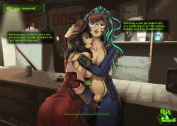 Rule 34 | 2girls, artist self-insert, black hair, breasts, brown eyes, brown hair, english text, fake screenshot, fallout (series), fallout 4, fingerless gloves, futa with female, futanari, glasses, gloves, hizzacked, hizzy (hizzacked), jumpsuit, large breasts, licking, lipstick mark, long hair, medium breasts, multicolored hair, multiple girls, nipples, open clothes, original, penis, piper wright, scarf, short hair, sole survivor (female), two-tone hair, undressing, vault jumpsuit (fallout 4), vault suit