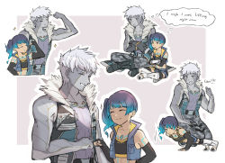 Rule 34 | 1boy, 1girl, closed eyes, colored skin, commentary, cropped torso, elbow gloves, english commentary, english text, exercising, fingerless gloves, fist pump, full body, gloves, grey hair, grey skin, indian style, lanz (xenoblade), multiple views, push-ups, sena (xenoblade), side ponytail, sitting, smile, sports bra, tencryingemojis, upper body, xenoblade chronicles (series), xenoblade chronicles 3
