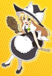Rule 34 | 1girl, blonde hair, bow, braid, broom, broom riding, hair bow, hat, hat bow, highres, kirisame marisa, long hair, moyashi (m-planter), open mouth, pantyhose, side braid, solo, touhou, witch hat, yellow eyes