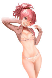 1girl absurdres beige_sweater blush bra breasts cleavage closed_mouth clothes_lift cowboy_shot eyelashes floral_print hair_between_eyes hand_to_own_mouth head_tilt highres idolmaster idolmaster_cinderella_girls jougasaki_mika lifting_own_clothes long_hair long_sleeves looking_at_viewer medium_breasts messy_hair narrow_waist no_pants panties pink_bra pink_hair pink_panties ponytail sidelocks simple_background solo standing sweater sweater_lift swimsuit taka_(takahirokun) thighs underwear white_background yellow_eyes