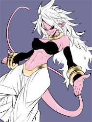 Rule 34 | 10s, 1girl, android 21, armpits, bare shoulders, black sclera, bracelet, breasts, collar, colored sclera, detached sleeves, dragon ball, dragon ball super, dutch angle, earrings, eyes visible through hair, grin, highres, hoop earrings, jewelry, jin (mugenjin), large breasts, long hair, long sleeves, majin android 21, nail polish, outstretched arms, pants, parted lips, puffy pants, purple background, red eyes, simple background, sleeves past wrists, smile, solo, spread arms, standing, tail, white hair, white pants