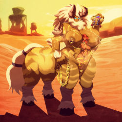 Rule 34 | 2girls, abs, blue eyes, blush, breasts, centauroid, chain, day, desert, fanny packing, furry, gerudo, gigantic breasts, highres, hooves, horns, large breasts, lynel, monster girl, multiple girls, muscular, muscular female, nintendo, nipple piercing, nude, piercing, pussy, pussy juice, red hair, riendonut, riju, scar, shadow, tail, taur, the legend of zelda, the legend of zelda: breath of the wild