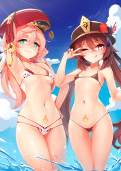Rule 34 | 2girls, ;q, arm up, armpits, bikini, blue sky, blush, breasts, brown bikini, brown hair, brown nails, cloud, collarbone, commentary, day, flower, genshin impact, green eyes, hair between eyes, halterneck, hand on own hip, hat, hat flower, highres, horns, hu tao (genshin impact), long hair, looking at viewer, micro bikini, multiple girls, nail polish, navel, one eye closed, outdoors, pink hair, pubic tattoo, red eyes, red flower, red headwear, ricegnat, skindentation, sky, small breasts, smile, string bikini, swimsuit, symbol-only commentary, symbol-shaped pupils, tattoo, tongue, tongue out, twintails, underboob, v, v over eye, very long hair, wading, water, white bikini, yanfei (genshin impact)
