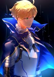 Rule 34 | 1boy, absurdres, armor, armored dress, arthur pendragon (fate), blonde hair, blue cape, blue dress, breastplate, cape, dress, eyebrows, fate/grand order, fate/prototype, fate (series), faulds, gauntlets, greaves, green eyes, hair between eyes, highres, looking to the side, male focus, pauldrons, short hair, shoulder armor, simple background, solo, usagi (jurijuri2311)