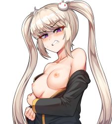 Rule 34 | 1girl, bare shoulders, bippew, black shirt, blush, breasts, clenched teeth, collarbone, commentary request, hair ornament, highres, korean commentary, light brown hair, long hair, long sleeves, looking at viewer, maplestory, medium breasts, mole, mole under eye, nipples, off shoulder, orchid (maplestory), parted lips, partially undressed, purple eyes, rabbit hair ornament, shirt, simple background, solo, sweat, teeth, twintails, upper body, white background