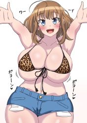 Rule 34 | 1girl, ahoge, animal print, bikini, bikini shorts, bikini top only, blue eyes, blush, bouncing breasts, breasts, brown hair, cleavage, curvy, denim, denim shorts, earrings, front-tie bikini top, front-tie top, huge breasts, jewelry, komusou (jinrikisha), leopard print, long hair, looking at viewer, micro bikini, navel, ooba minori, open mouth, original, outstretched arms, plump, shorts, skindentation, smile, solo, spread arms, string bikini, swimsuit, thick thighs, thighs, wide hips