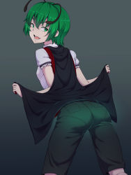 Rule 34 | 1girl, antennae, ass, breasts, cape, denim, from behind, gradient background, green eyes, green hair, highres, jeans, kakone, looking back, matching hair/eyes, open mouth, pants, pantylines, puffy short sleeves, puffy sleeves, short hair, short sleeves, smile, solo, tight clothes, tight pants, touhou, wriggle nightbug
