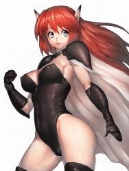 Rule 34 | 1girl, armor, ass, black gloves, black legwear, blue eyes, blush, breasts, cameltoe, cape, choker, cleavage, clenched hand, covered erect nipples, covered navel, cowboy shot, elbow gloves, fal (phantasy star), fal (psiv), floating hair, from side, fumio (rsqkr), gloves, hair between eyes, hand up, large breasts, legs apart, leotard, light smile, lips, long hair, looking at viewer, looking back, navel, open hand, parted bangs, pauldrons, phantasy star, phantasy star iv, pointy ears, puffy nipples, red hair, sega, shoulder armor, shoulder pads, sideboob, simple background, smile, solo, standing, strapless, strapless leotard, thick thighs, thighs, vambraces, white background