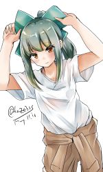 Rule 34 | blush, bow, brown eyes, brown pants, dated, dutch angle, green bow, green hair, hair bow, highres, kantai collection, kazu (really in hot water now), pants, ponytail, shirt, short hair, short sleeves, sidelocks, simple background, solo, twitter username, white background, white shirt, yuubari (kancolle)