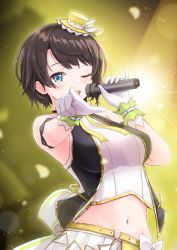 Rule 34 | 1girl, adda, black hair, blue eyes, blush, hat, highres, hololive, looking at viewer, microphone, mini hat, navel, one eye closed, oozora subaru, open mouth, short hair, smile, solo, virtual youtuber