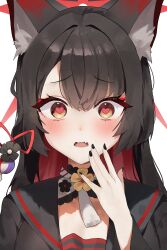 Rule 34 | 1girl, absurdres, animal ear fluff, animal ears, black hair, black nails, blue archive, blush, colored inner hair, fang, fingernails, fox ears, hair between eyes, halo, heart, heart-shaped pupils, highres, long hair, long sleeves, multicolored hair, nail polish, open mouth, portrait, red hair, red halo, seya (sseya33), simple background, skin fang, solo, symbol-shaped pupils, wakamo (blue archive), white background, yellow eyes