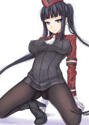 Rule 34 | 1girl, ass, black hair, blue eyes, boots, breasts, covered erect nipples, garrison cap, gloves, hat, high heel boots, high heels, knee boots, kneeling, large breasts, long hair, looking at viewer, marubonman, no bra, on one knee, pantyhose, shoes, solo, summon night, summon night 5, twintails, yenfa, yeng-hua