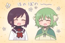 Rule 34 | 2girls, :d, ^ ^, black hair, blush, brown background, capelet, closed eyes, commentary request, dress, facing viewer, flower, green capelet, green hair, multiple girls, naga u, open mouth, resi, smile, summon night, summon night 2, toris, translation request, white dress, white flower