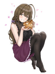 Rule 34 | 1girl, ahoge, bare shoulders, black shirt, blush, bow, box, brown eyes, brown hair, brown pantyhose, earrings, feet, frilled skirt, frills, full body, gift, gift box, grin, hair between eyes, hair bow, hair over shoulder, half-closed eyes, hamedoragon, heart, heart-shaped box, highres, holding, holding gift, idolmaster, idolmaster shiny colors, jewelry, kuwayama chiyuki, lace, lace-trimmed shirt, lace trim, long hair, looking at viewer, no shoes, pantyhose, purple bow, purple skirt, shirt, simple background, sitting, skirt, sleeveless, sleeveless shirt, smile, soles, solo, sparkle, star (symbol), teeth, toes, white background