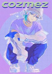 Rule 34 | 1boy, asalwaysluv k, blue hair, blue pants, bucket hat, character name, closed mouth, expressionless, grey footwear, hat, highres, jacket, jacket partially removed, male focus, multicolored hair, pants, paradox live, purple background, purple eyes, purple hair, purple hat, purple shirt, shirt, short hair, solo, squatting, white jacket, yatonokami kanata