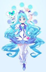 Rule 34 | 1girl, absurdres, arm up, blue background, blue choker, blue eyes, blue footwear, blue hair, blue skirt, brooch, choker, coffret (heartcatch precure!), commentary request, cure marine, earrings, full body, hand on own hip, heart, heart brooch, heartcatch precure!, highres, index finger raised, jewelry, kurumi erika, long hair, looking at viewer, magical girl, muuten, precure, puffy short sleeves, puffy sleeves, short sleeves, skirt, smile, standing, thighhighs, very long hair, white thighhighs, wrist cuffs