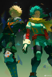 Rule 34 | 2boys, absurdres, aqua bodysuit, aqua hair, bakugou katsuki, belt, belt pouch, black background, black footwear, black pants, blonde hair, bodysuit, boku no hero academia, boots, buckle, cape, chinese commentary, closed eyes, closed mouth, combat boots, explosive, feet out of frame, floating, floating cape, floating hair, freckles, glass shards, gloves, gradient background, green background, green gloves, grenade, high collar, highres, holding hands, knee pads, light, male focus, midair, midoriya izuku, multicolored bodysuit, multicolored clothes, multiple boys, official alternate costume, orange gloves, pants, pouch, red belt, shards, short hair, side-by-side, single horizontal stripe, snap-fit buckle, spiked hair, spoilers, toned, toned male, torn cape, torn clothes, transparent, unconscious, utility belt, weibo logo, weibo watermark, wrist guards, x, yellow cape, ykkiyo