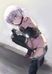 Rule 34 | 1girl, absurdres, bandaged arm, bandages, black gloves, black panties, black thighhighs, crop top, dutch angle, expressionless, fate/apocrypha, fate (series), full body, gloves, green eyes, grey background, halterneck, highres, jack the ripper (fate/apocrypha), looking at viewer, micro panties, panties, short hair, shoulder tattoo, solo, squatting, tattoo, thighhighs, underwear, white hair, yonago miko
