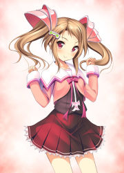 Rule 34 | 1girl, blush, brown hair, collarbone, cowboy shot, hair ornament, hands up, long hair, long sleeves, looking at viewer, mikamin, original, pink eyes, pink ribbon, pleated skirt, red skirt, ribbon, sidelocks, simple background, skirt, smile, solo, standing, twintails, uniform