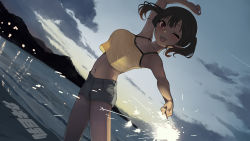 Rule 34 | 1girl, ;d, arm up, black hair, breasts, camisole, cloud, dawn, grey shorts, grey sky, highres, holding, holding fireworks, kaedeko (kaedelic), large breasts, looking at viewer, midriff, navel, ocean, one eye closed, open mouth, original, outdoors, red eyes, sasaki kanna (kaedeko), short hair, shorts, sky, smile, solo, standing, teeth, thighs, twintails, upper teeth only, yellow camisole