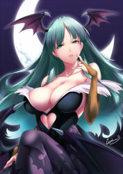 Rule 34 | 1girl, arm up, bad id, bad pixiv id, bare shoulders, bat wings, black leotard, breasts, bridal gauntlets, cleavage, clothing cutout, collarbone, commentary request, commission, crescent moon, demon girl, fingernails, gainoob, green eyes, green hair, head wings, heart cutout, large breasts, leotard, long hair, moon, morrigan aensland, night, pantyhose, print pantyhose, purple pantyhose, purple wings, sharp fingernails, signature, solo, vampire (game), wings