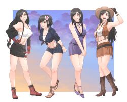 Rule 34 | absurdres, black hair, black skirt, boots, breasts, brown skirt, cleavage, cowboy boots, cowboy hat, crop top, dress, final fantasy, final fantasy vii, final fantasy vii rebirth, final fantasy vii remake, front-tie top, hat, highres, large breasts, leaning forward, long hair, low-tied long hair, medium breasts, miniskirt, multiple persona, official alternate costume, sandals, short dress, short shorts, shorts, skirt, smile, thong, tifa lockhart, tifa lockhart (cowgirl), tifa lockhart (refined dress), version5art