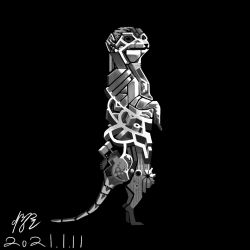 Rule 34 | abstract, animal, animal focus, artist name, black background, dated, from side, full body, greyscale, haembokeyo, meerkat, monochrome, no humans, original, signature, simple background, standing