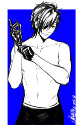 Rule 34 | 10s, 1boy, black gloves, black hair, blue background, candytang442494812, closed mouth, collarbone, dressing, eyepatch, gloves, looking at viewer, male focus, navel, partially colored, personification, topless male, shokudaikiri mitsutada, simple background, smile, solo, touken ranbu, upper body, white background, yellow eyes