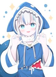 Rule 34 | + +, 1girl, :d, absurdres, animal hood, blue eyes, blue hair, blue hoodie, blue nails, blush, claw pose, commentary, drawstring, drooling, english commentary, fins, fish tail, gawr gura, gawr gura (1st costume), hands up, highres, hololive, hololive english, hood, hood up, hoodie, long sleeves, looking at viewer, multicolored hair, nail polish, open mouth, saliva, shark hood, shark tail, sharp teeth, silver hair, simple background, smile, solo, sparkle, starfox1015, streaked hair, tail, tail raised, teeth, virtual youtuber, white background, wide sleeves
