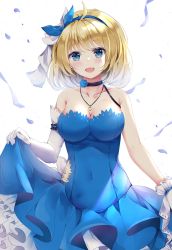 Rule 34 | 1girl, aizawa (aizawatsu), asymmetrical gloves, bare shoulders, black choker, blonde hair, blue dress, blue eyes, blue hairband, blush, bow, breasts, choker, cleavage, clothes lift, collarbone, commission, covered navel, dress, dress lift, girls&#039; frontline, gloves, hair bow, hair ribbon, hairband, heart, heart necklace, highres, jewelry, looking at viewer, m1911 (breaker of the sky) (girls&#039; frontline), m1911 (girls&#039; frontline), medium breasts, medium hair, necklace, official alternate costume, open mouth, pixiv commission, ribbon, solo, upper body, white background, white gloves