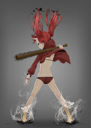 Rule 34 | 1girl, ass, back, baseball bat, bracelet, floating hair, from behind, full body, gradient background, grey background, ground shatter, highres, horns, jacket, jewelry, kneepits, looking at viewer, looking back, monster girl, nail, nail bat, no pants, oni, original, panties, red eyes, red hair, shiro shougun, single horn, solo, striped clothes, striped panties, twintails, underwear