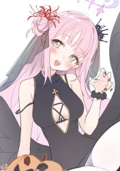 Rule 34 | 1girl, black dress, black nails, black veil, black wings, blue archive, blush, breasts, commission, dress, feathered wings, fpanda, hair bun, halloween costume, halo, highres, jack-o&#039;-lantern, long hair, looking at viewer, low wings, medium breasts, mika (blue archive), nail polish, open mouth, pink hair, scrunchie, signature, simple background, single side bun, skeb commission, sleeveless, sleeveless dress, solo, veil, very long hair, white background, wings, wrist scrunchie, yellow eyes
