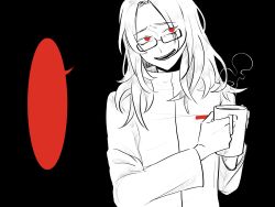 Rule 34 | 1boy, black background, blank speech bubble, chinese commentary, commentary request, cup, glasses, hatsutori hajime, highres, holding, holding cup, long hair, long sleeves, male focus, monochrome, mug, parted bangs, rectangular eyewear, red eyes, s-sullivan, saibou shinkyoku, shirt, simple background, solo, speech bubble, spot color, steam, upper body